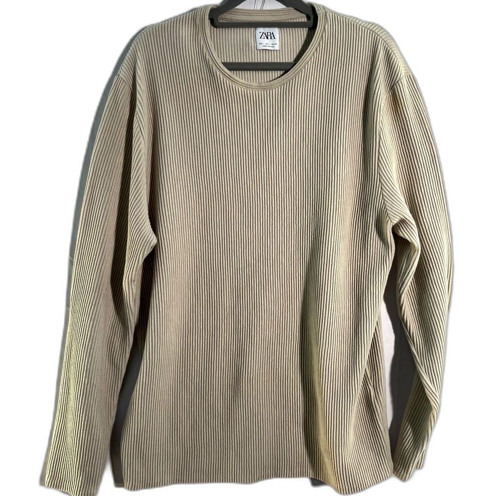 ZARA Beige Ribbed Cotton Blend Long Sleeve Sweatshirt Crew Neck Large